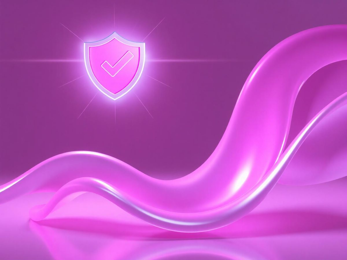 Verified shield glowing over pink holographic waves